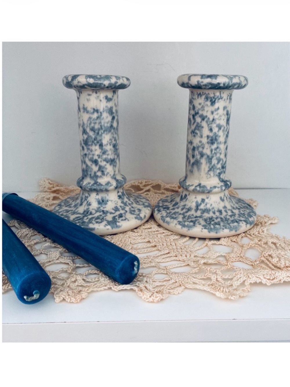 Vintage CANDLESTICKS 2 piece Set, Blue/White, Country Gear by Hartstone USA